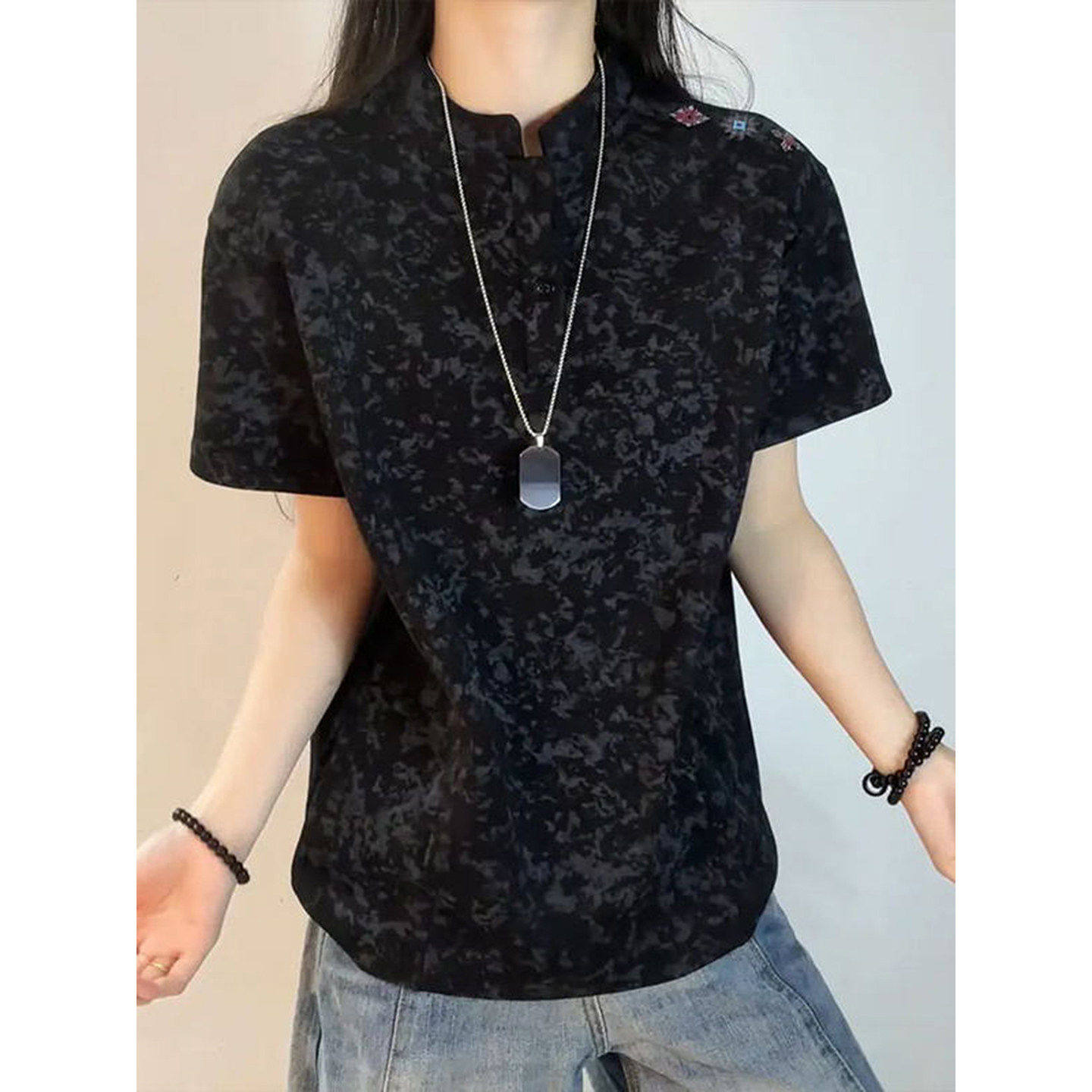 美式复古扎染刺绣t恤男款夏季立领高街痞帅短袖亨利领正肩五分袖