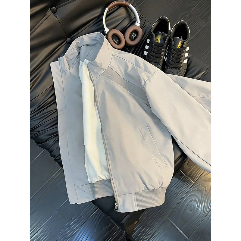 灰色美式拼接立领飞行夹克男款春cleanfit棒球服痞帅正肩工装外套