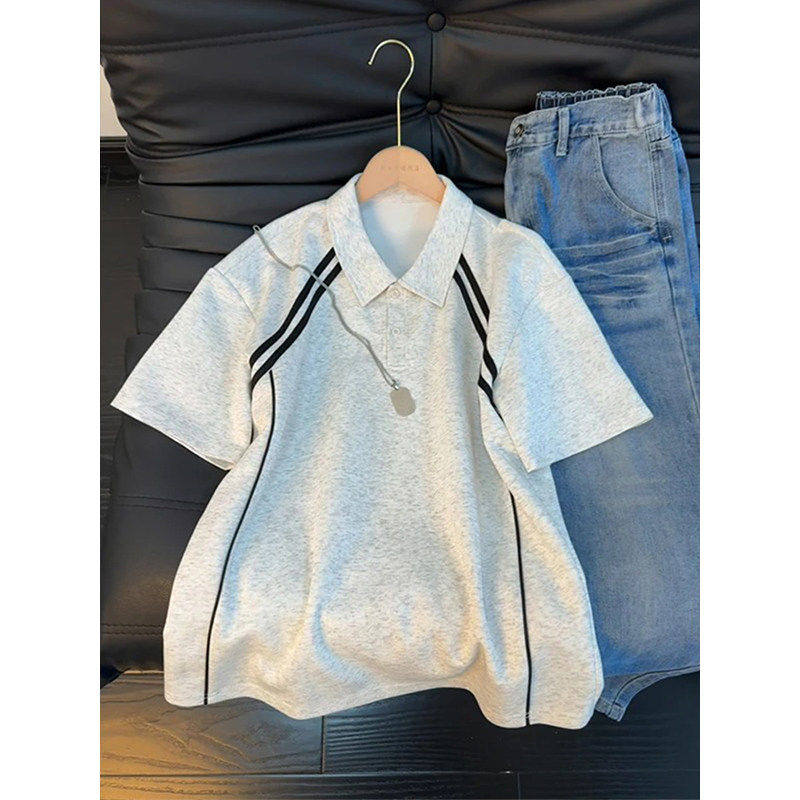 白灰色条纹拼接短袖POLO衫男款夏季美式重磅正肩T恤设计感半截袖