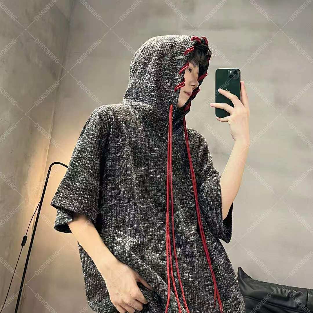 小众设计撞色抽绳连帽短袖t恤男夏季美式潮牌宽松青少年运动上衣