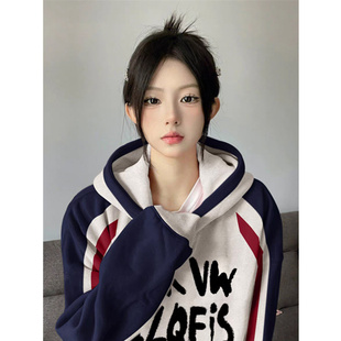 国潮美式oversize撞色插肩卫衣男2025春秋薄款ins高街情侣款外套