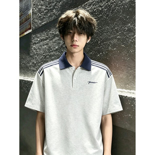 男生ootd穿搭撞色短袖polo衫夏季美式潮牌翻领t恤boxy设计感上衣
