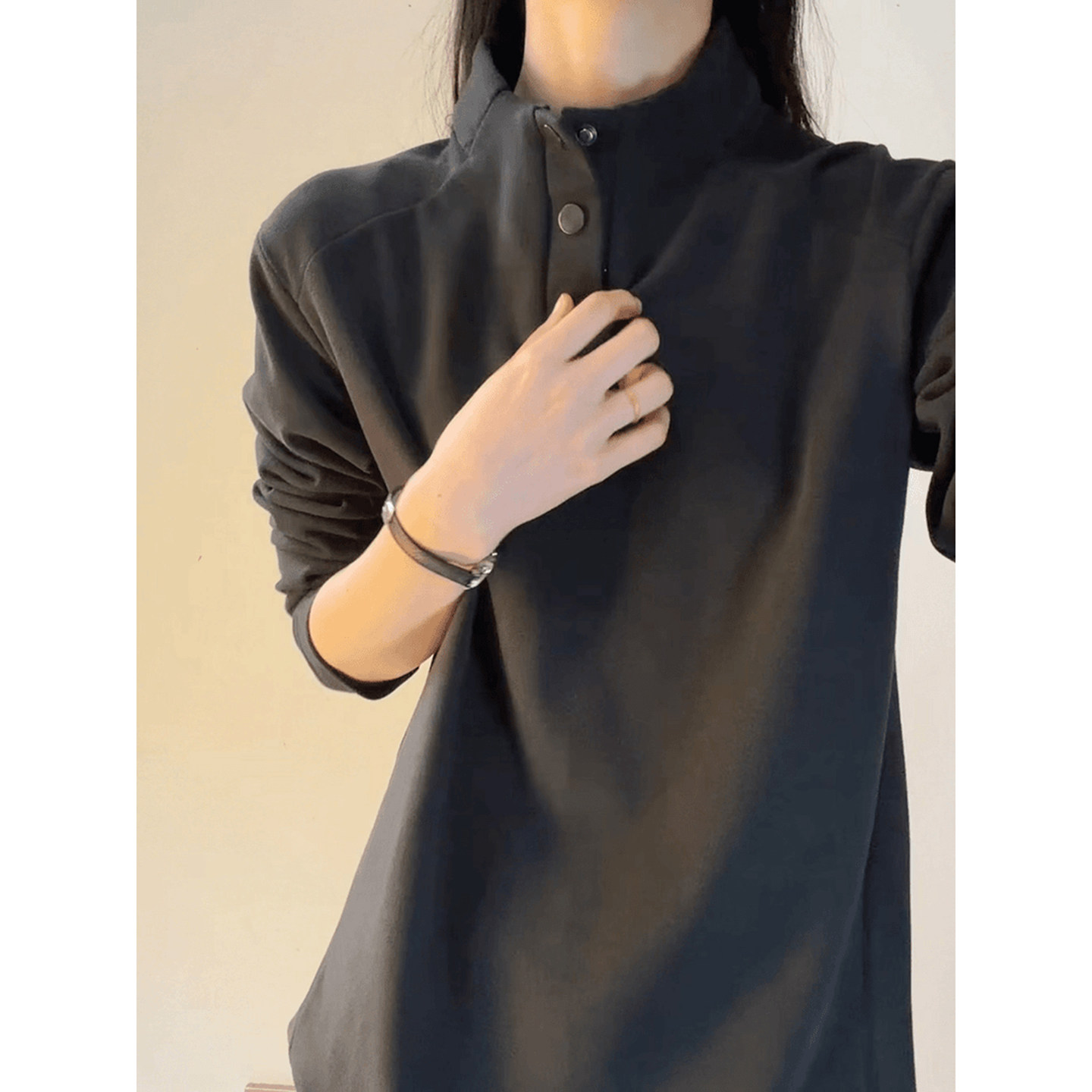 黑色双面德绒内搭打底衫男款秋冬半高领纽扣卫衣休闲运动长袖T恤