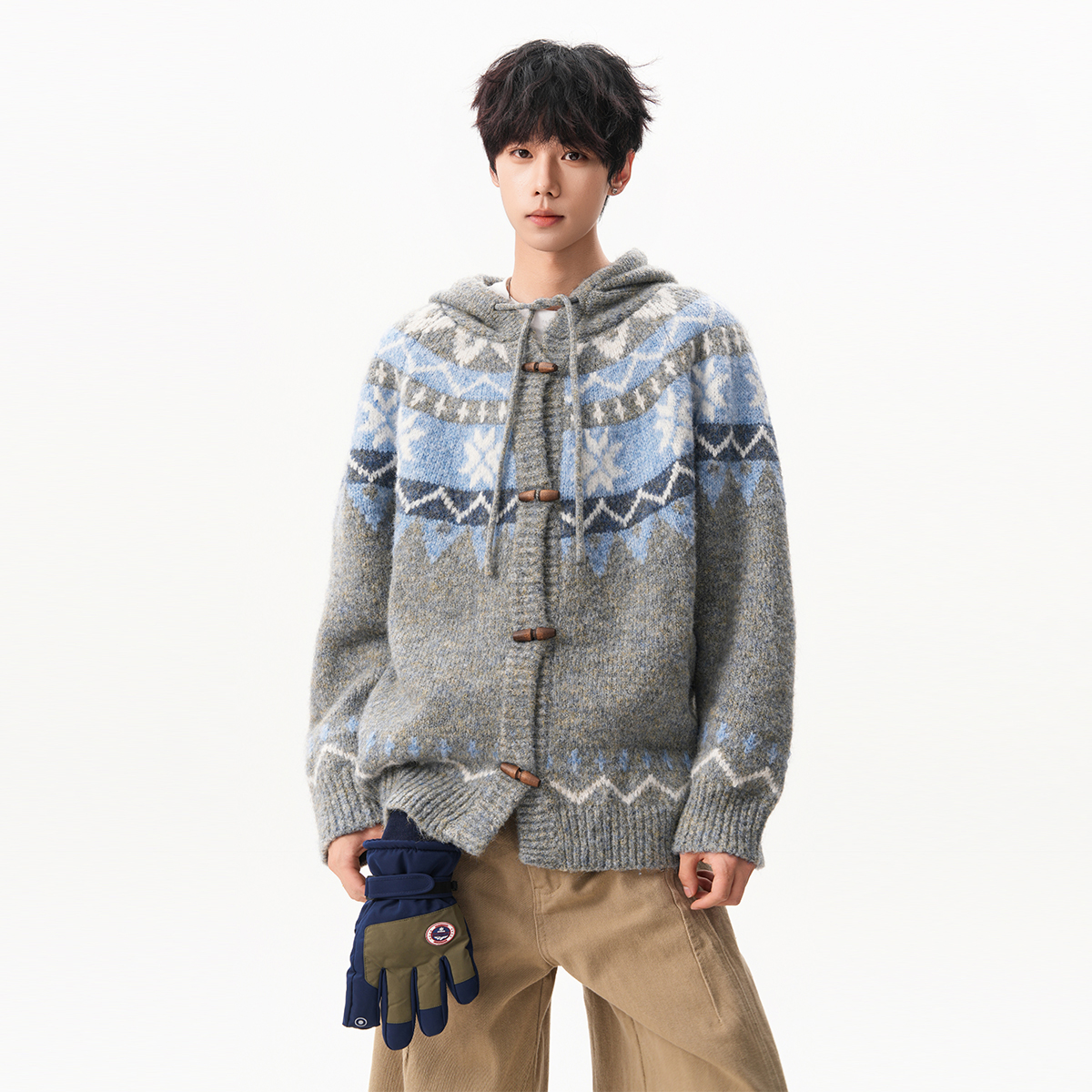 美式费尔岛连帽牛角扣针织开衫