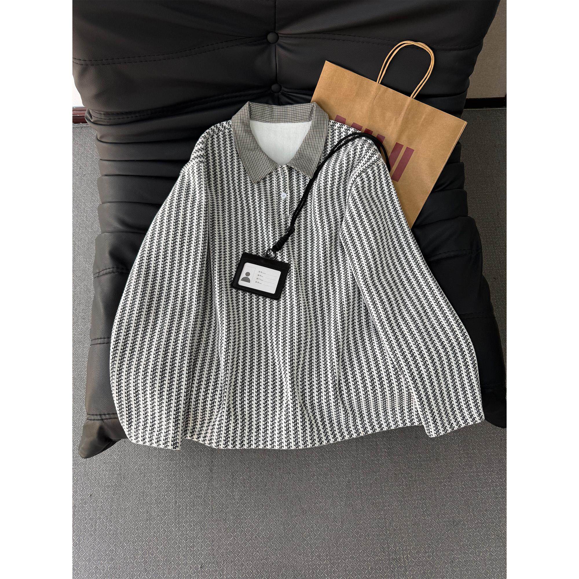 千鸟格鱼骨纹翻领POLO衫男款冬季加绒加厚保暖卫衣美式内搭打底衫