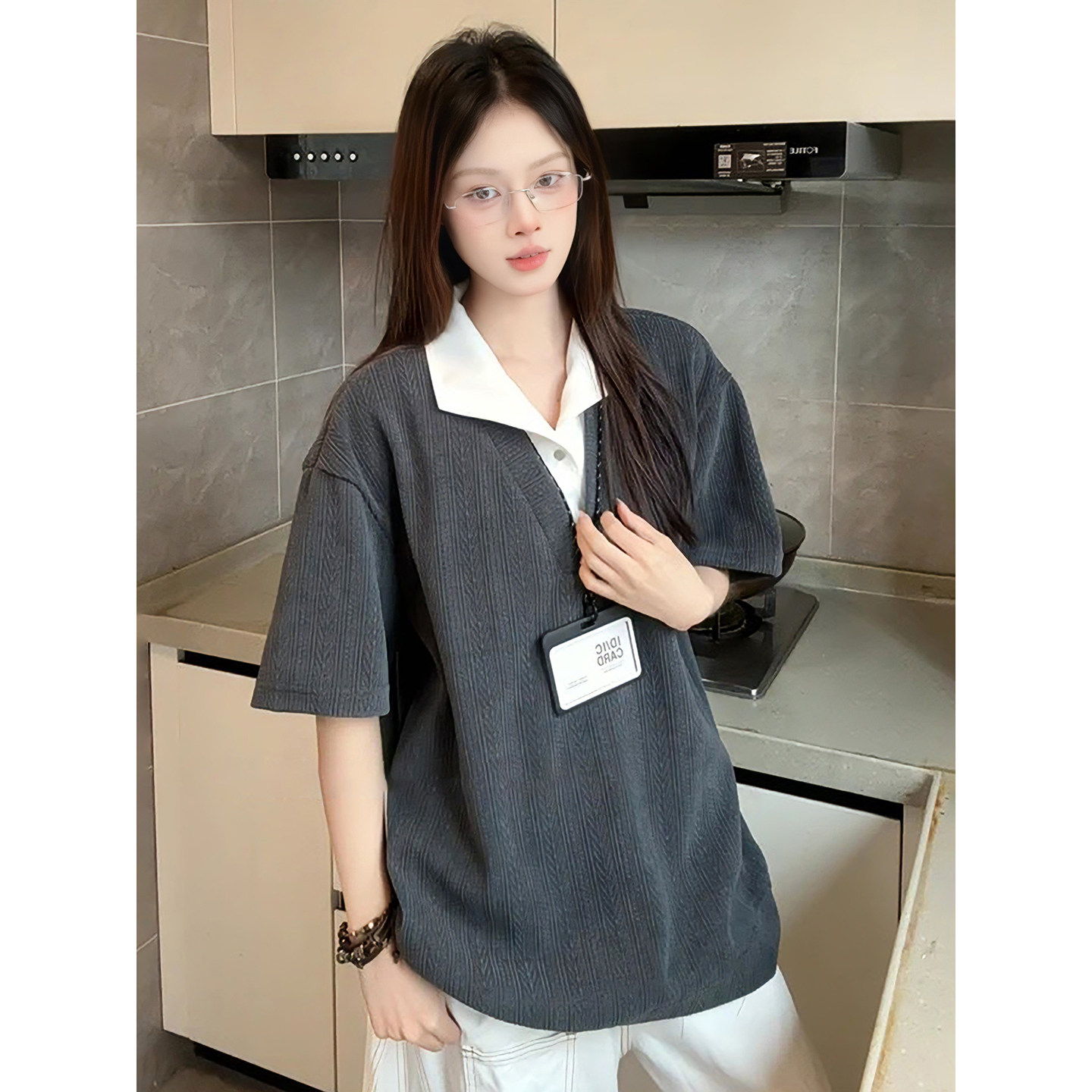 深灰色麦穗纹假两件短袖polo衫男女款夏季美式衬衫领t恤情侣半袖