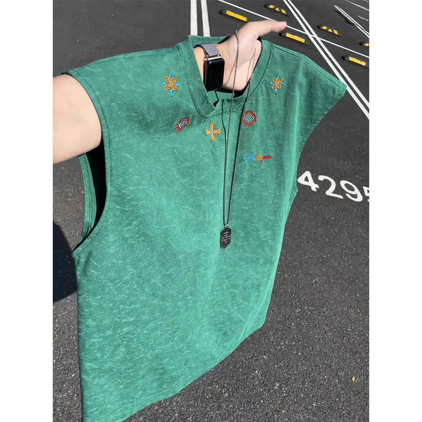 cleanfit墨绿重磅刺绣背心男款
