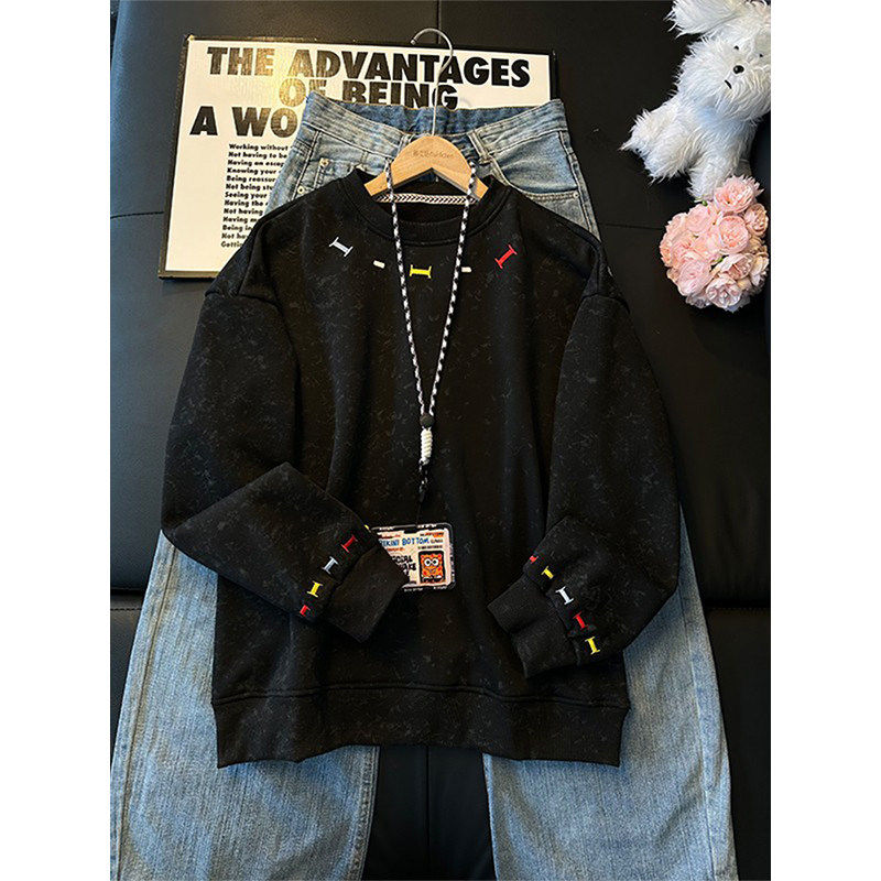 黑色美式彩虹刺绣重磅卫衣男款春秋新款长袖t恤设计感内搭打底衫