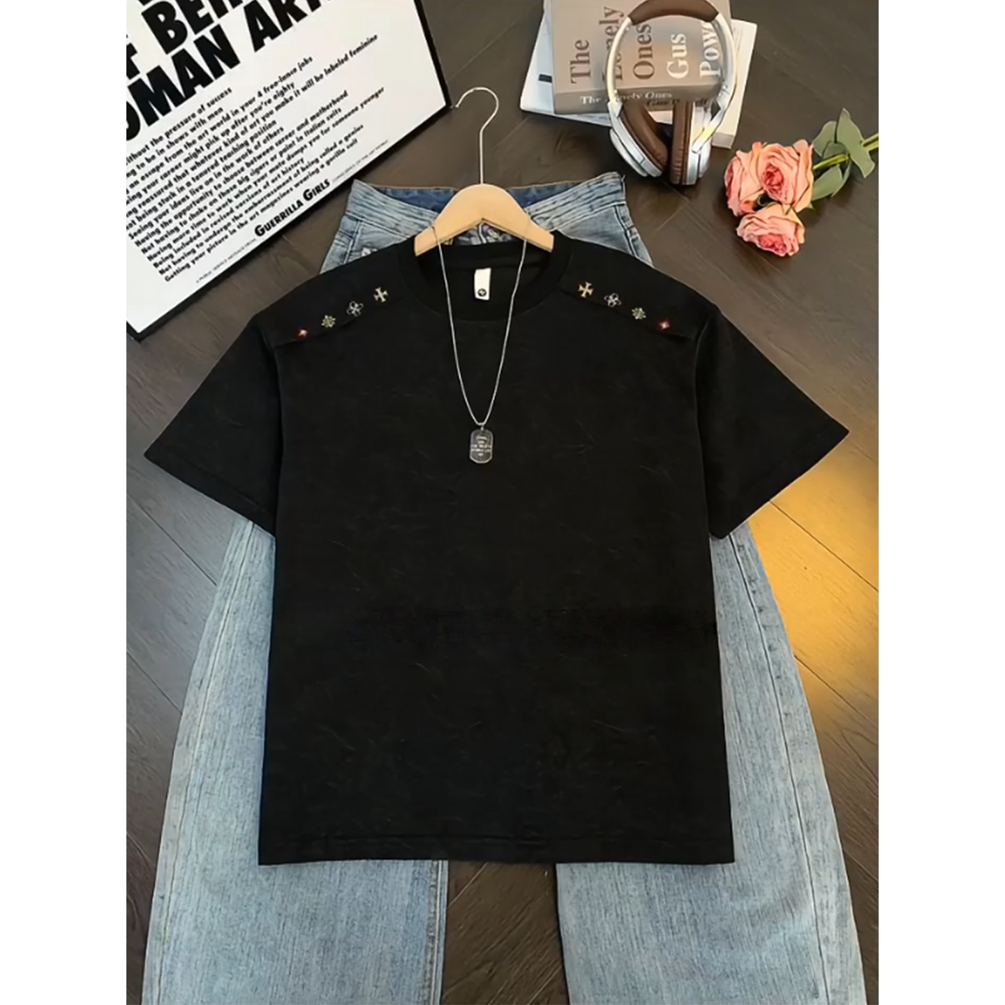 美式复古刺绣正肩短袖T恤男款夏季潮牌cleanfit凉感宽松透气半袖