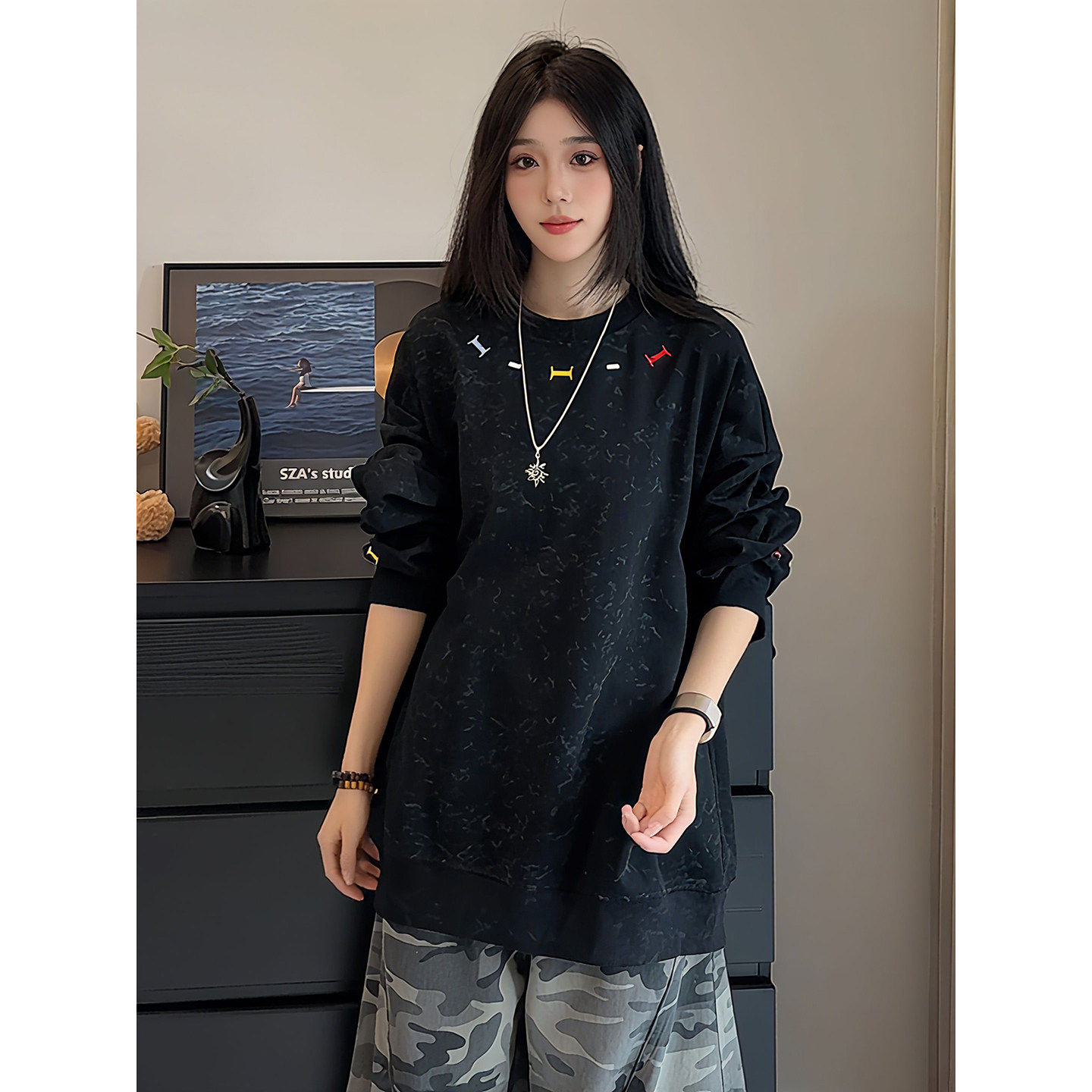 黑色美式高街刺绣卫衣男女新春秋款重磅长袖t恤设计感内搭打底衫