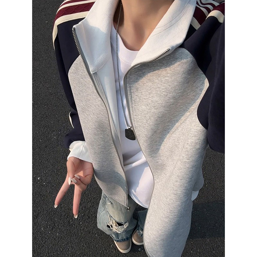 美式撞色条纹开衫卫衣男女秋学院风休闲运动外套cleanfit长袖上衣