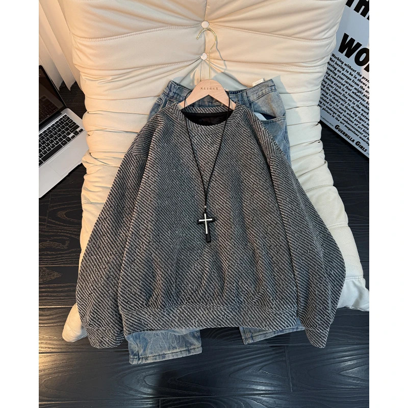 深灰色条纹重磅圆领卫衣男款冬季加绒加厚长袖T恤美式内搭打底衫