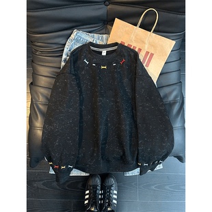 美式刺绣圆领卫衣男款春季潮牌小众设计感长袖T恤情侣内搭打底衫