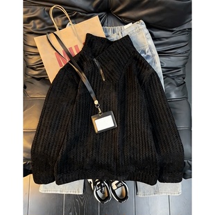 美式鱼骨纹斜领拉链卫衣男款秋冬季加绒加厚高级感重磅内搭打底衫