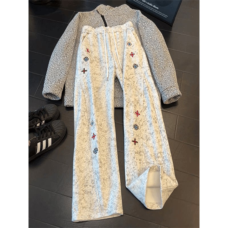 白灰色刺绣弯刀卫裤男款秋冬美式复古扎染vibe裤子宽松直筒休闲裤