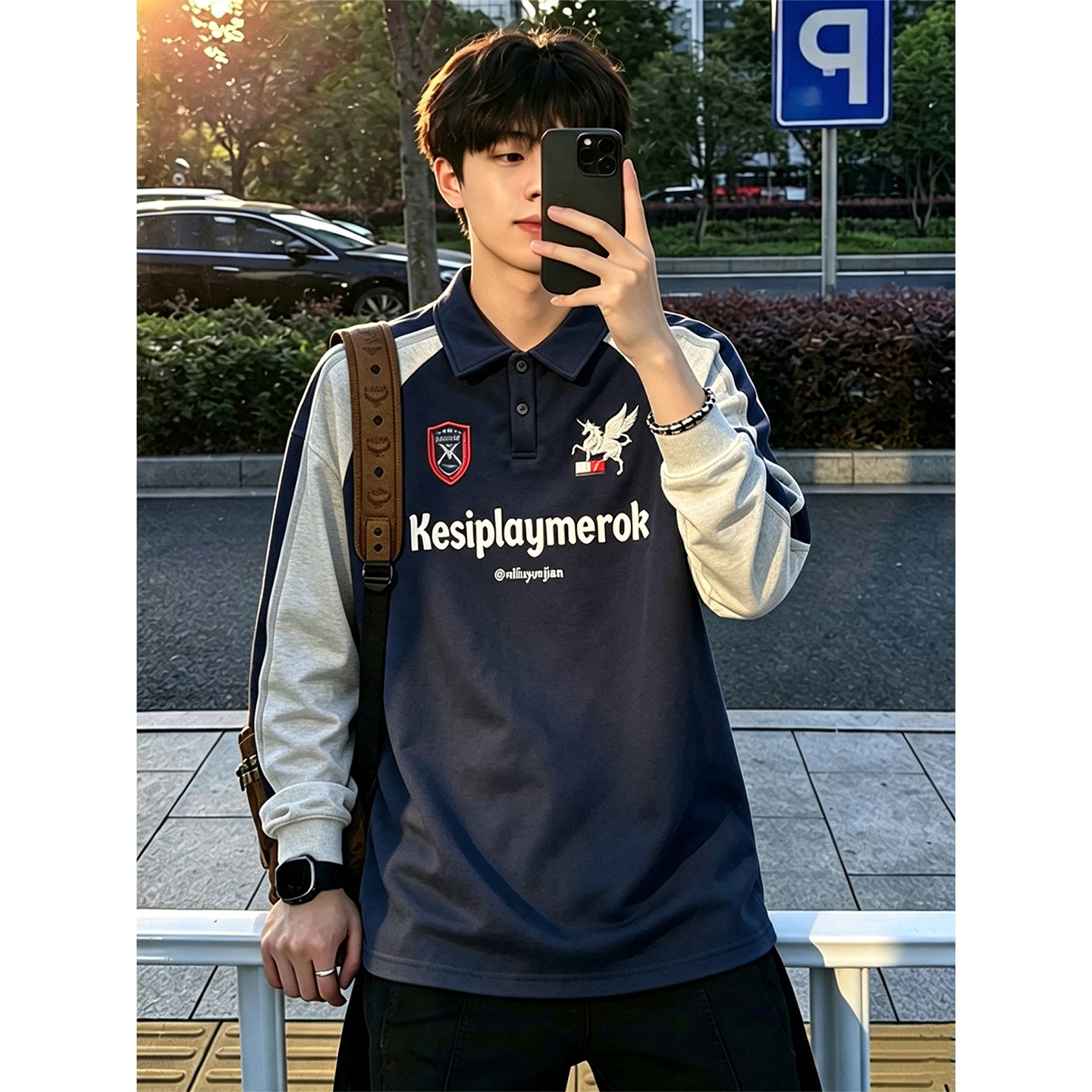 美式复古撞色条纹Polo卫衣男款秋季学院风插肩袖长袖t恤运动上衣