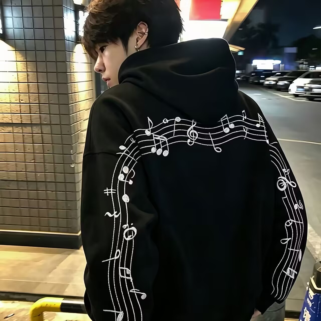 美式高街音符刺绣连帽卫衣情侣