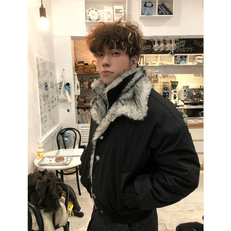 美式双层翻毛领加厚龙牌座山雕外套男款冬重工保暖哈灵顿夹克棉服