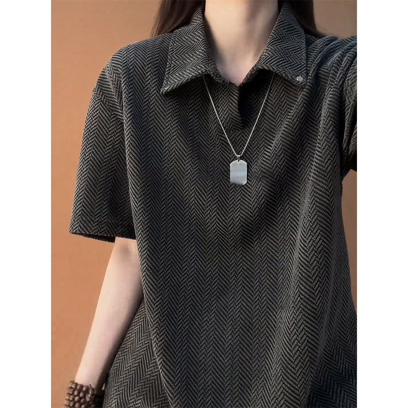 灰色斜纹正肩POLO衫短袖男款夏季cleanfit翻领T恤重磅美式半截袖