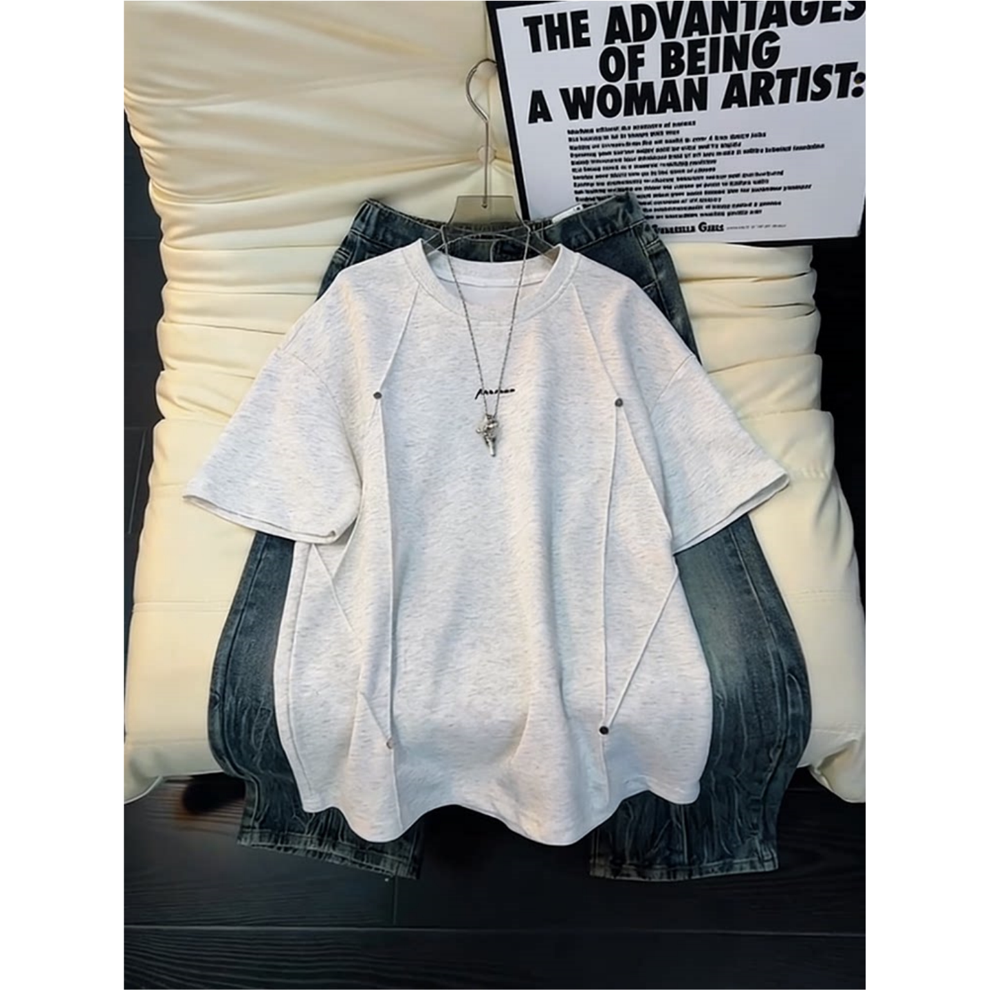 美式铆钉廓形正肩短袖男款夏季潮牌高级感t恤cleanfit五分半截袖