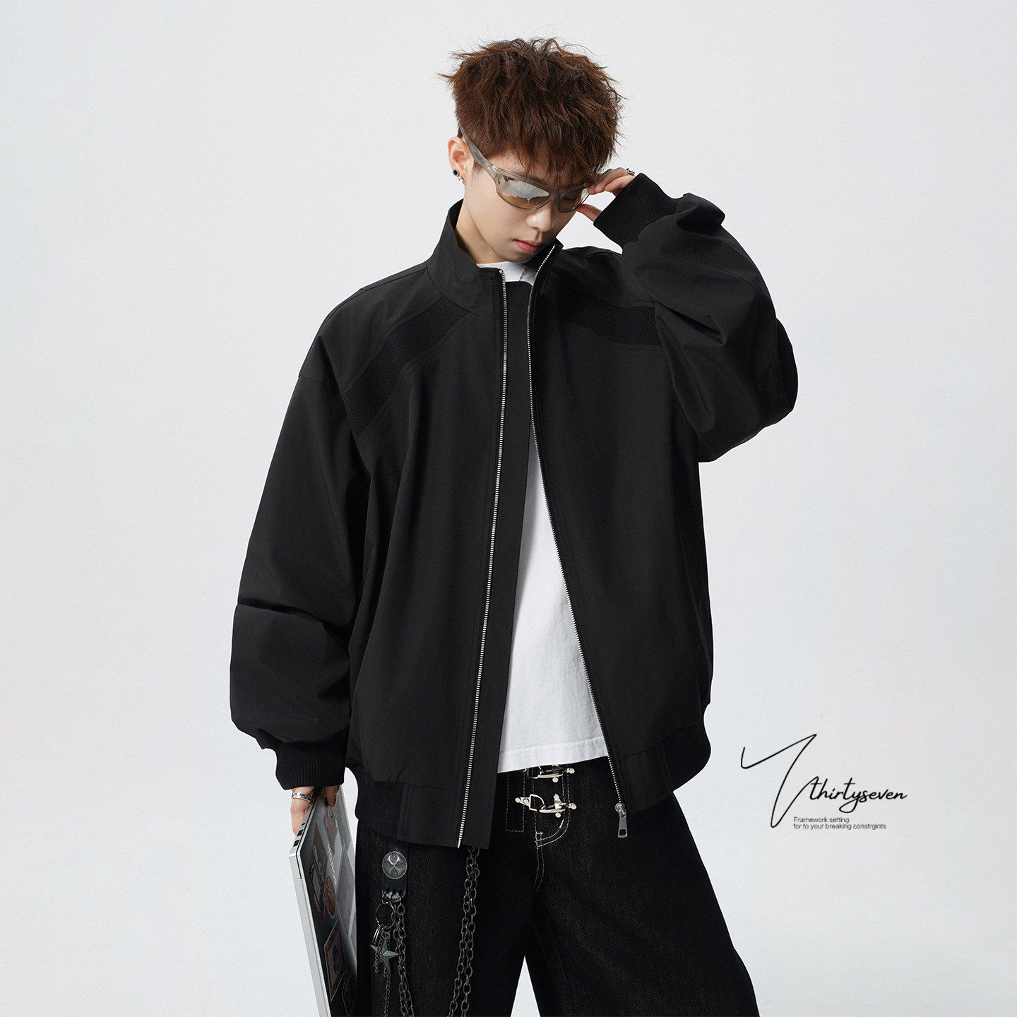 黑色飞行员夹克外套男款冬季cleanfit立领短款解构拼接美式棒球服