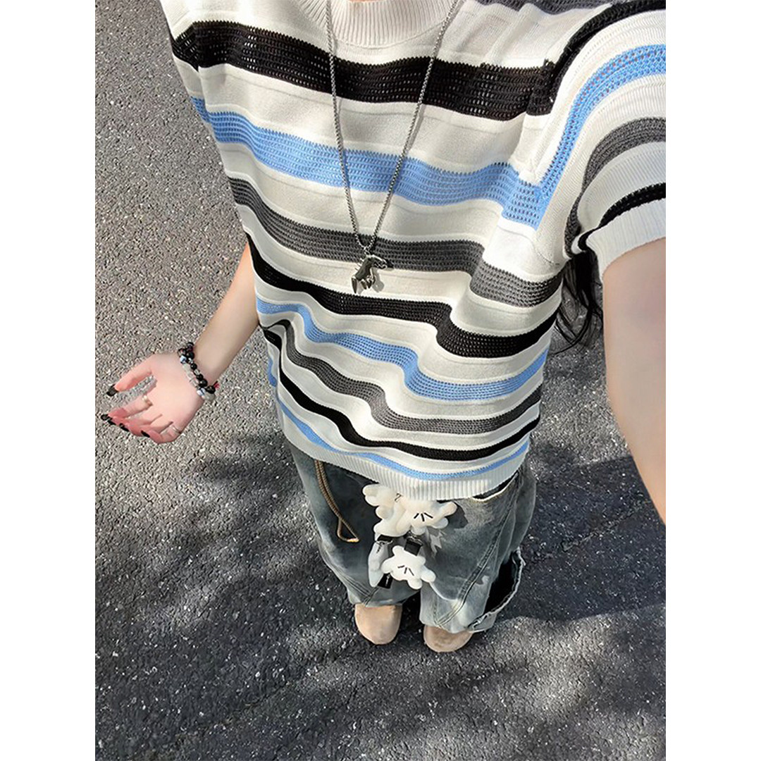 镂空条纹撞色拼接针织短袖男夏季高级感t恤美式肌理感正肩半截袖