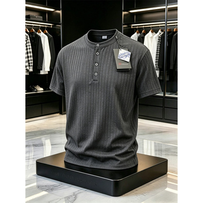 深灰色老钱风亨利领t恤短袖男夏季薄款透气美式人夫感穿搭Polo衫