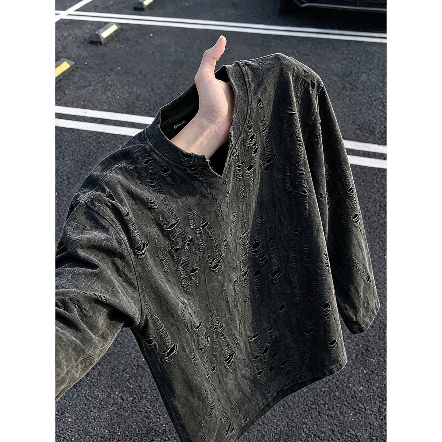 灰色美式破洞v领长袖t恤男款秋季cleanfit正肩卫衣慵懒内搭打底衫