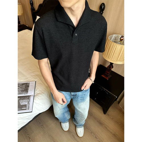 美拉德针织正肩polo领短袖针织衫男女夏季新款复古老钱风T恤上衣