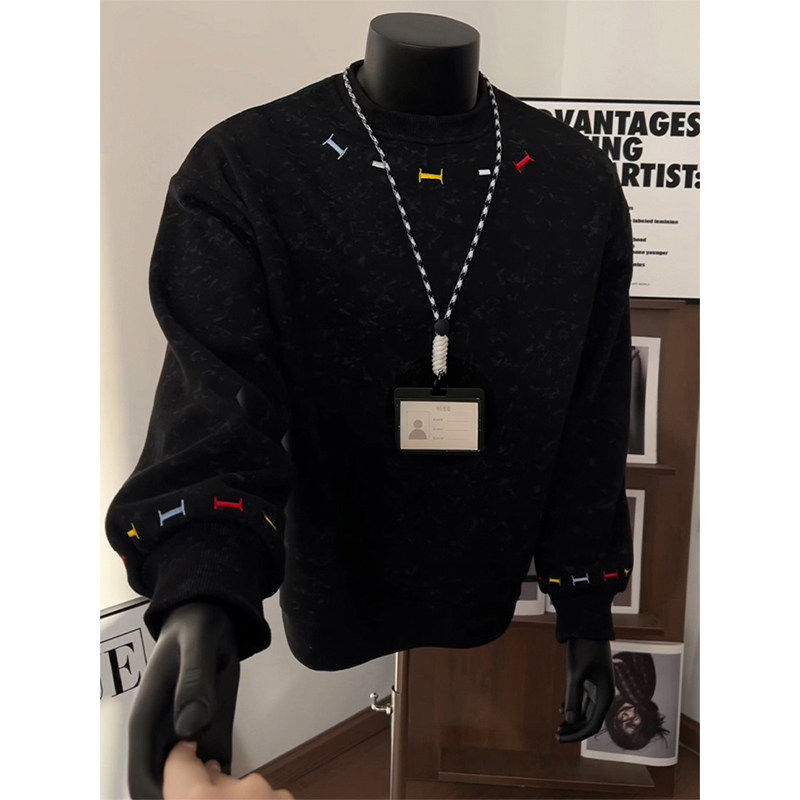 黑色砂洗彩色刺绣圆领卫衣男女款春秋正肩新款美式打底衫休闲外套