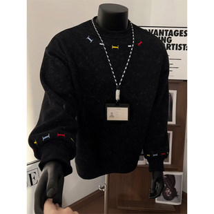 黑色砂洗彩色刺绣圆领卫衣男女款春秋正肩新款美式打底衫休闲外套