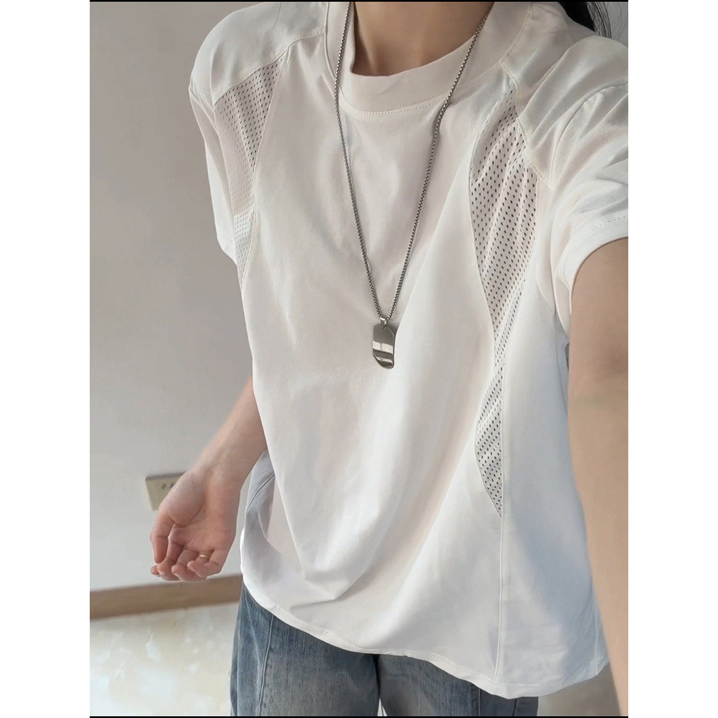 白色冰丝速干短袖男款夏季螺纹拼接正肩T恤美式网眼透气运动半袖