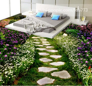 卧室田园风景卫生间客厅厨房立体画防水防滑地贴3D地板革贴画自粘