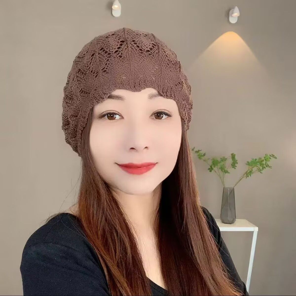 时尚镂空春夏帽子透气蕾丝薄款头巾洋气女士针织堆堆头帽白发包头