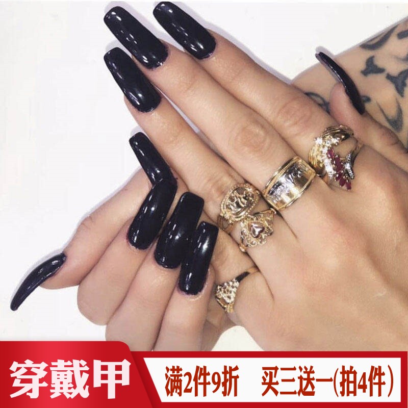 纯黑色长方形nail穿戴美甲贴成品
