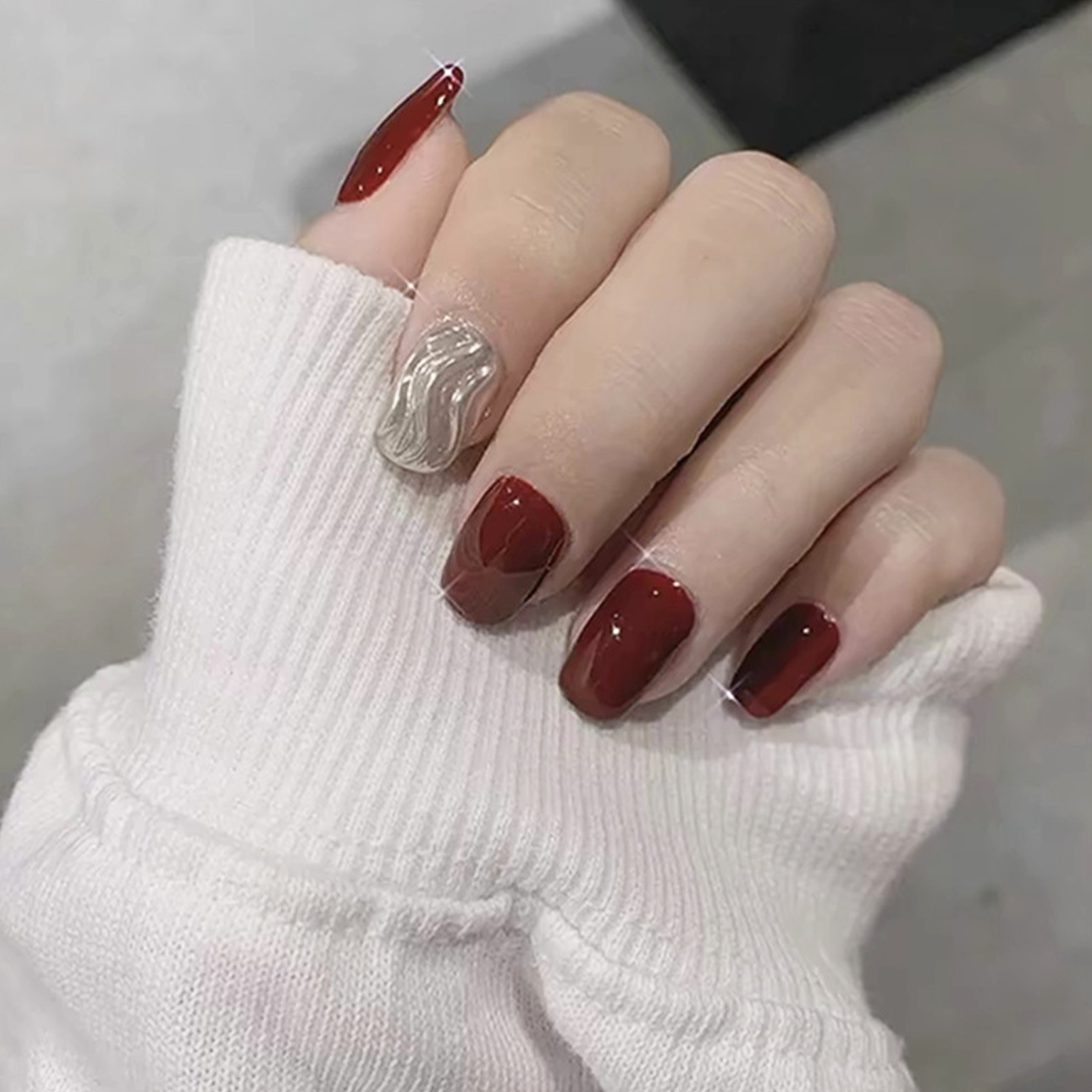 酒红色银水波纹假指甲片