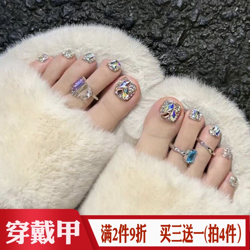 银色闪粉脚趾穿戴甲爆闪炫彩钻
