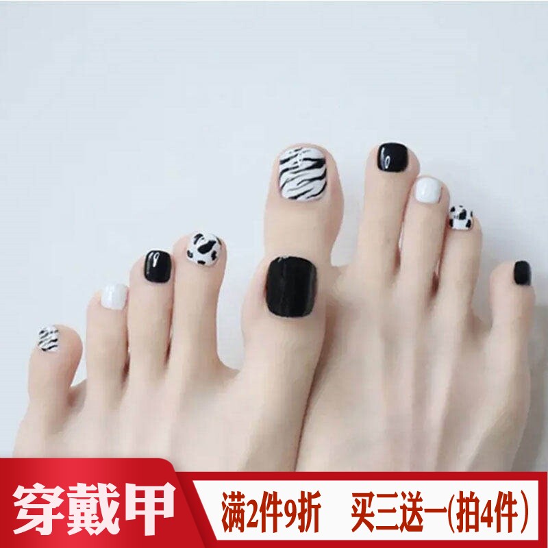 黑白色斑马豹纹脚趾穿戴甲FakeNails成品欧美时尚外贸假指甲贴片