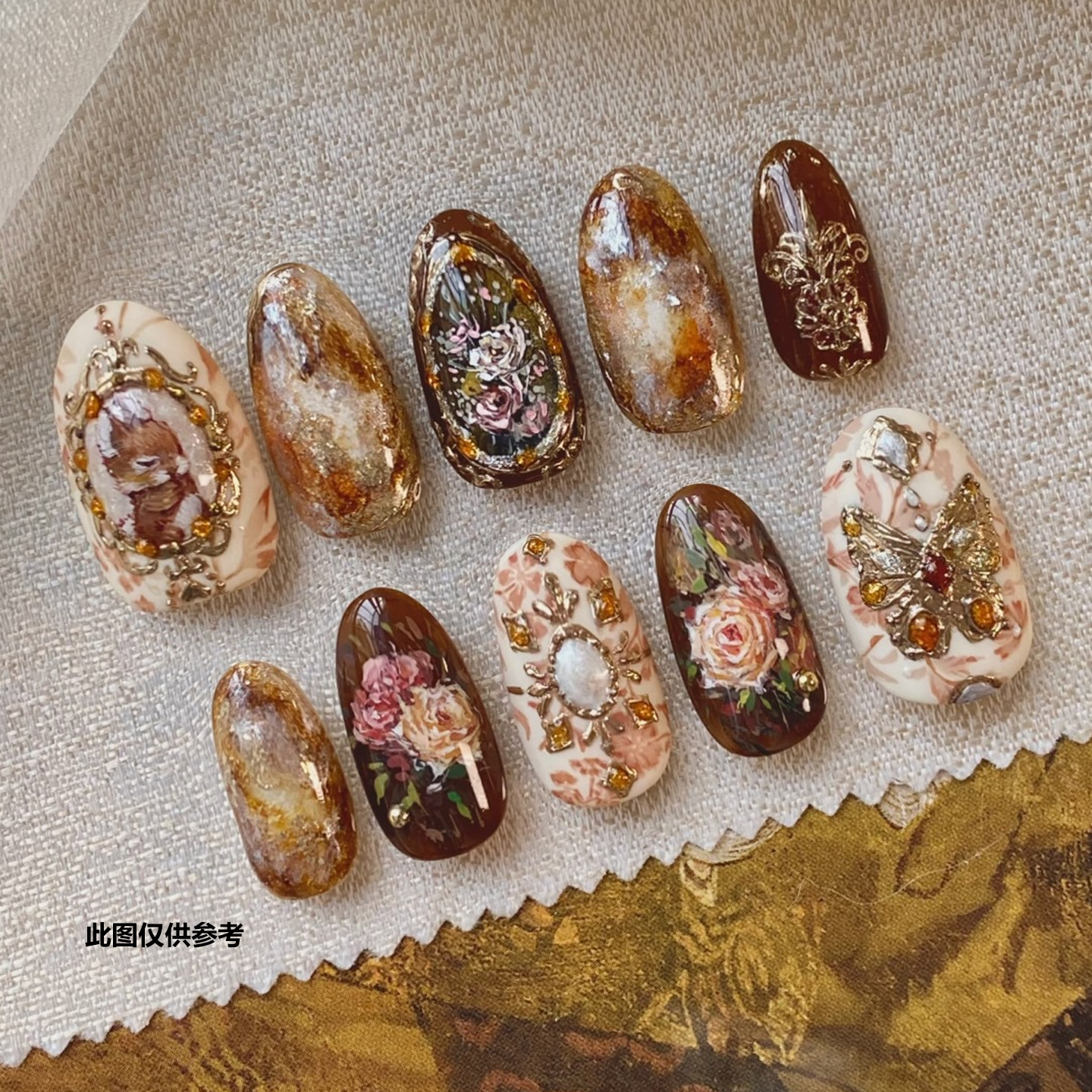 琥珀晕染玫瑰花卉穿戴甲跨境欧美秋冬氛围美甲贴杏仁尖头假指甲片