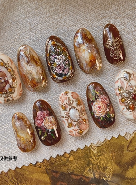 琥珀晕染玫瑰花卉穿戴甲跨境欧美秋冬氛围美甲贴杏仁尖头假指甲片