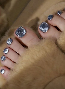 深灰色闪耀晶石猫眼脚趾假指甲片FakeNail成品显白欧美穿戴美甲贴