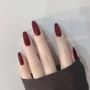 酒红色长圆形欧美风简约假指甲片nail成品延长辣妹显白穿戴美甲贴