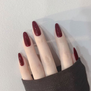 酒红色长圆形欧美风简约假指甲片nail成品延长辣妹显白穿戴美甲贴