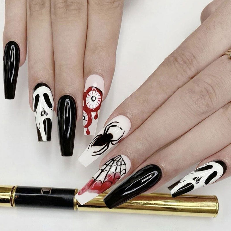 黑白骷髅头血眼蜘蛛暗黑穿戴甲贴fakenail成品万圣节cos假指甲片