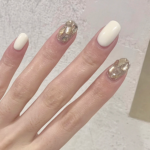 奶白色香槟满钻穿戴甲贴Fake Nails短款欧美辣妹2025新款假指甲片