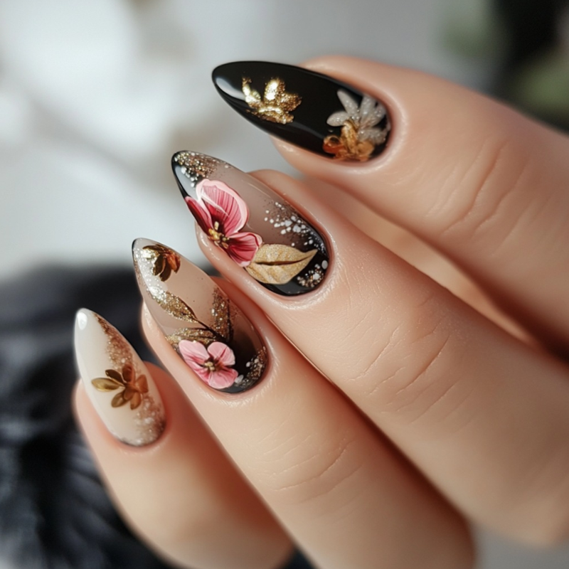金叶粉花朵穿戴甲气质复古中国风晕染美甲贴杏仁尖头成品假指甲片