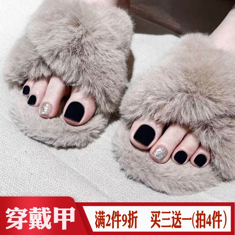 光疗银闪粉跳亮黑色穿戴美甲贴