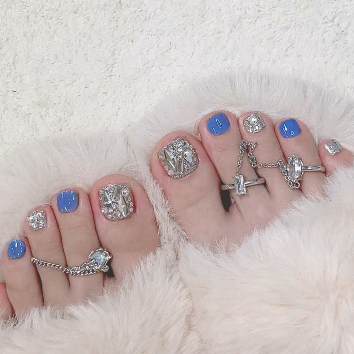 蓝色银闪满钻脚趾穿戴甲Nails成品美甲贴甜酷风气质显白假指甲片