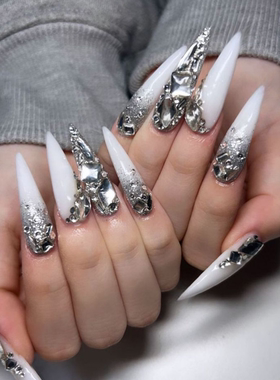 白色长尖头穿戴甲欧美甜酷风辣妹银满钻假指甲片Nails美甲贴成品