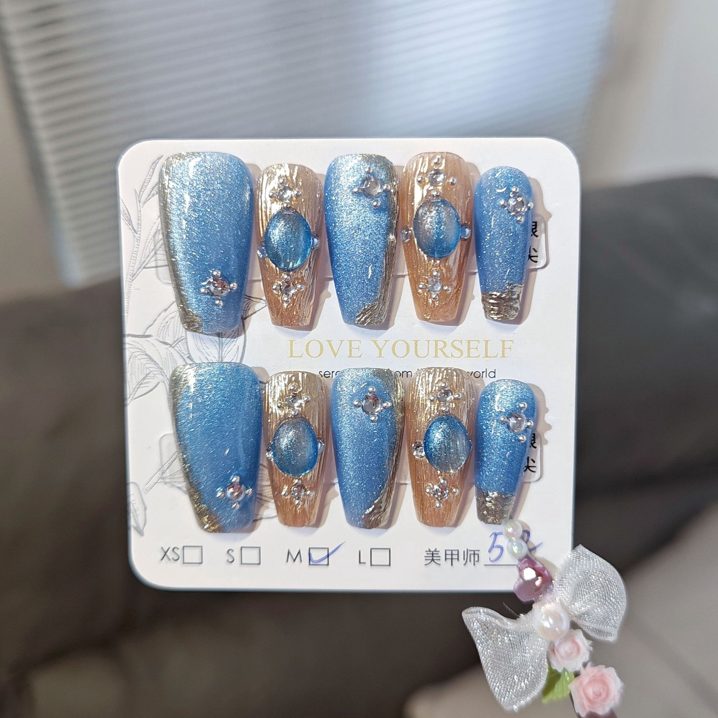 海洋蓝色布契拉提手工穿戴甲流沙晶石猫眼闪闪美甲贴成品假指甲片
